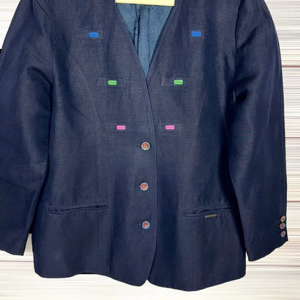 Geiger Collections Austria Navy Blue Vintage Linen Blend V-neck Blazer 40 US 10